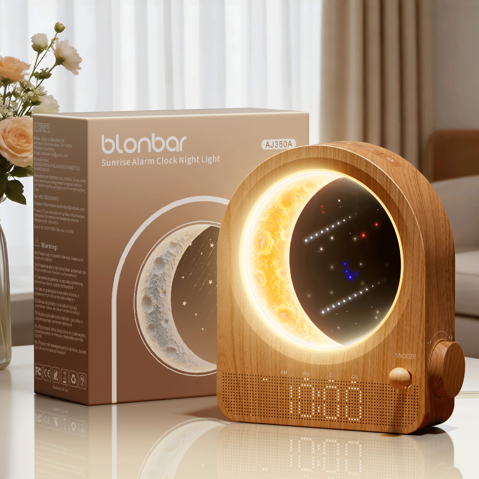 Sunrise Alarm Clock & Moon Lamp, Bedside Lamp with Light Alarm Clock, Daylight Alarm Clock, Night Light with 3 Brightness Levels, 10 Natural Sounds, Ideal for Bedroom