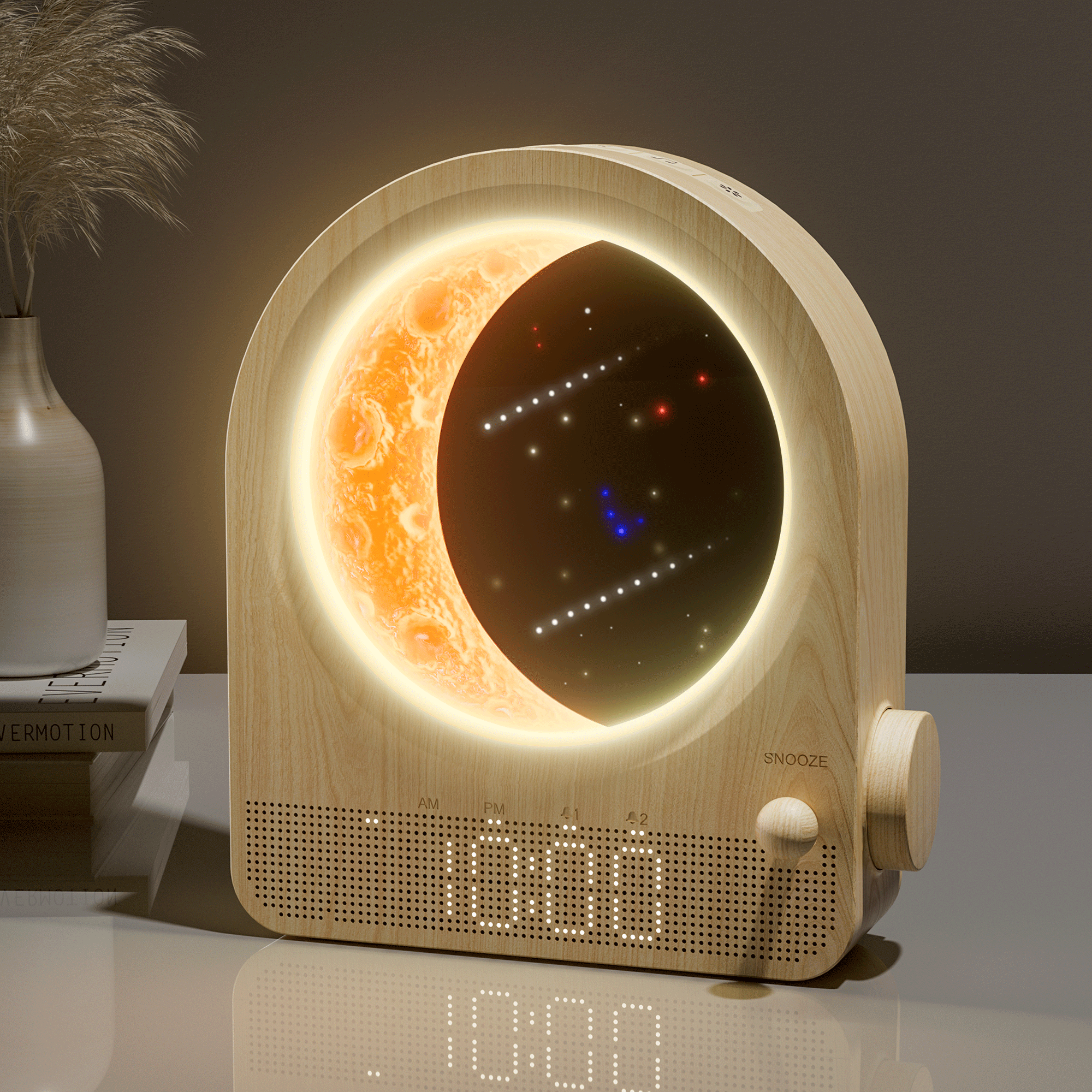 blonbar Sunrise Alarm Clocks for Bedrooms, Stepless Dimmable Moon Lamp Dual Alarm Clock Wake Up Light with 12Levels Volume for Heavy Sleepers, 10 Natural Sounds with 30/60/90min Timer Night Light