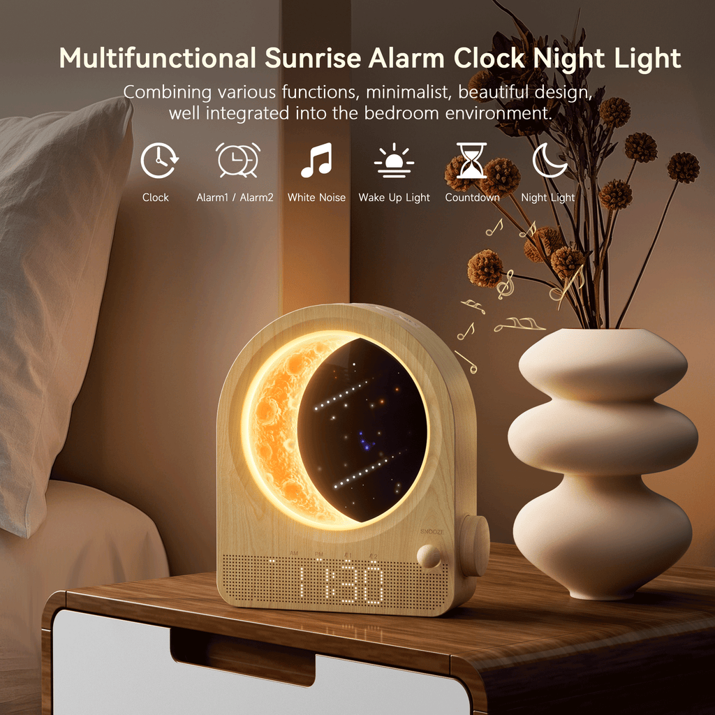 blonbar Sunrise Alarm Clocks for Bedrooms, Stepless Dimmable Moon Lamp Dual Alarm Clock Wake Up Light with 12Levels Volume for Heavy Sleepers, 10 Natural Sounds with 30/60/90min Timer Night Light
