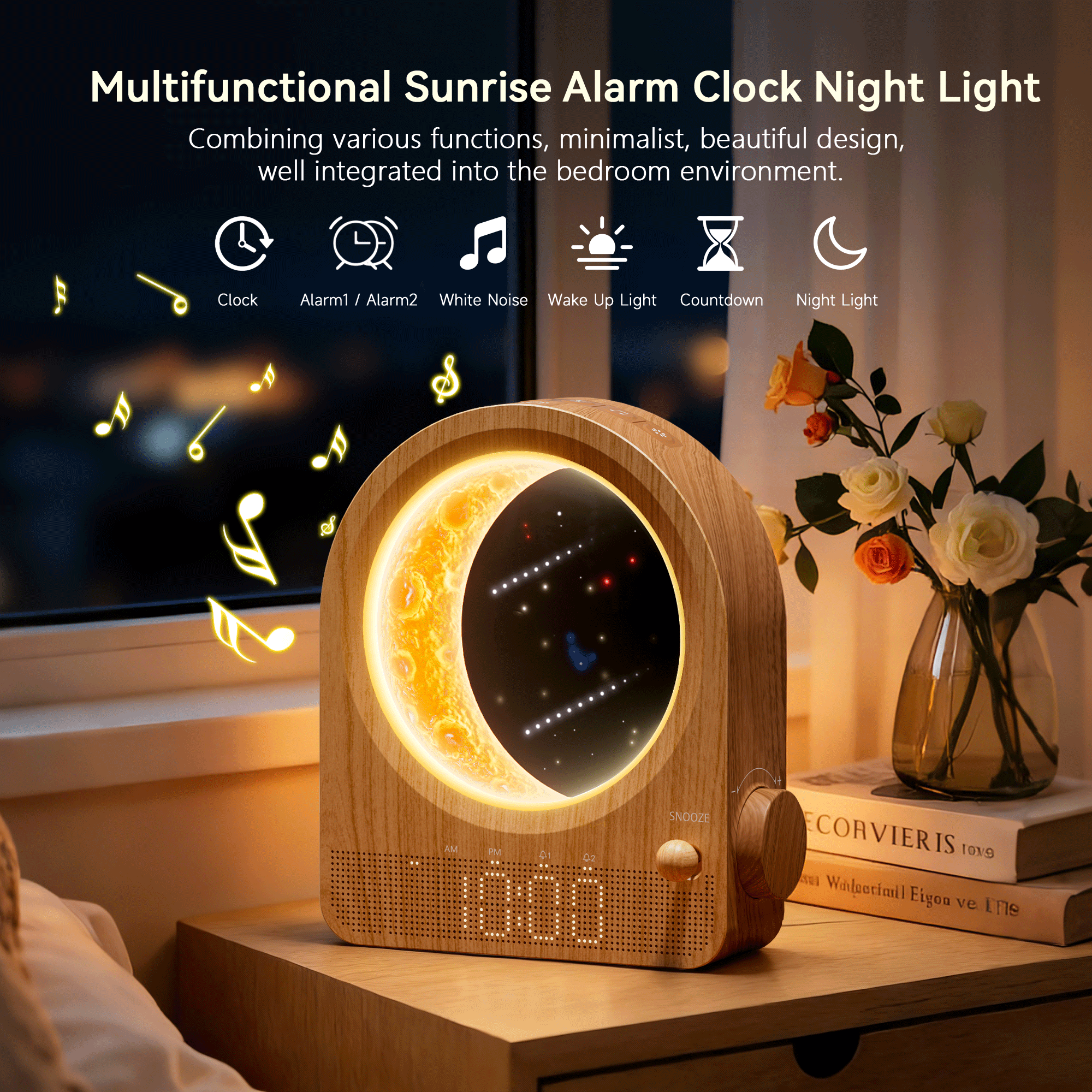 Sunrise Alarm Clock & Moon Lamp, Bedside Lamp with Light Alarm Clock, Daylight Alarm Clock, Night Light with 3 Brightness Levels, 10 Natural Sounds, Ideal for Bedroom
