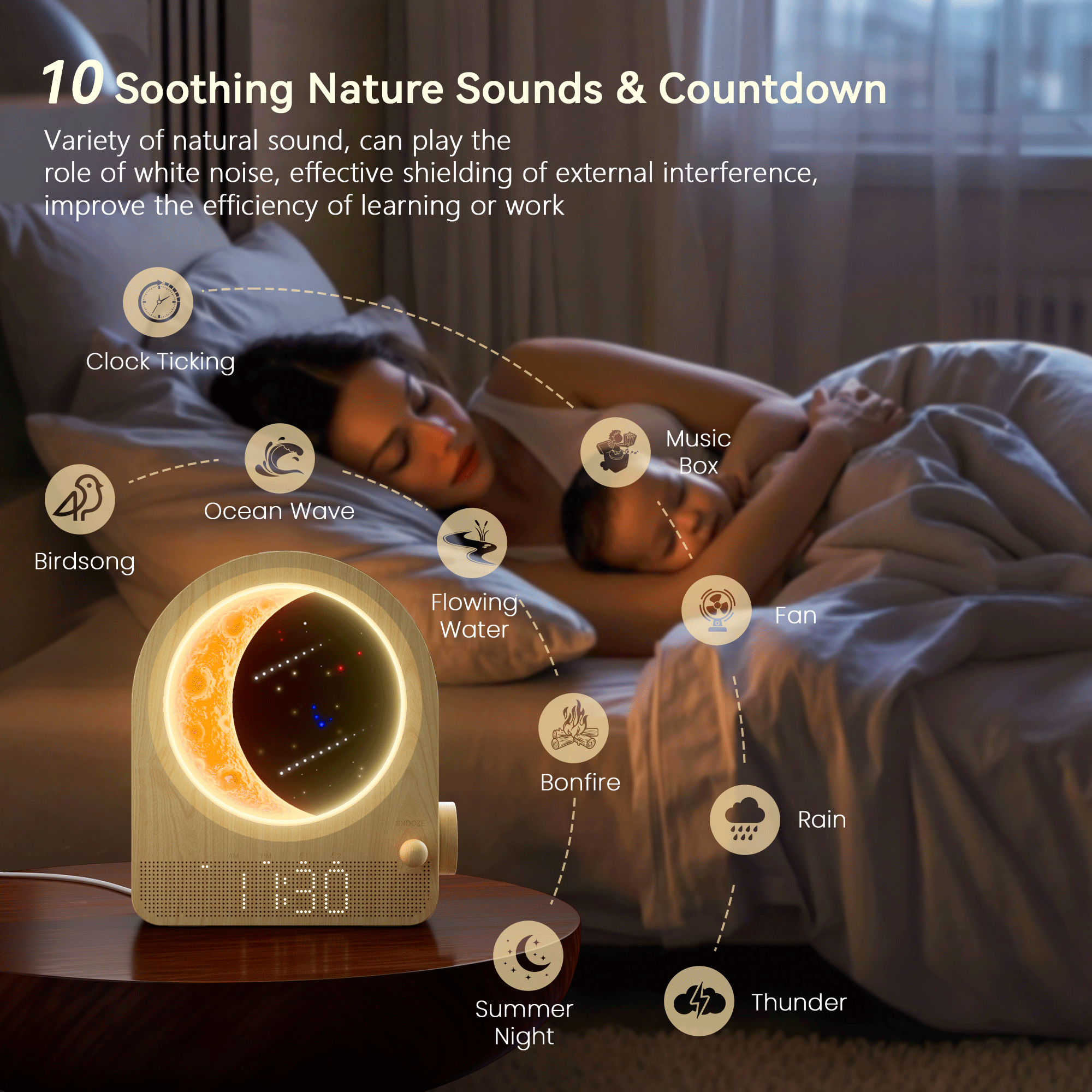 blonbar Sunrise Alarm Clocks for Bedrooms, Stepless Dimmable Moon Lamp Dual Alarm Clock Wake Up Light with 12Levels Volume for Heavy Sleepers, 10 Natural Sounds with 30/60/90min Timer Night Light