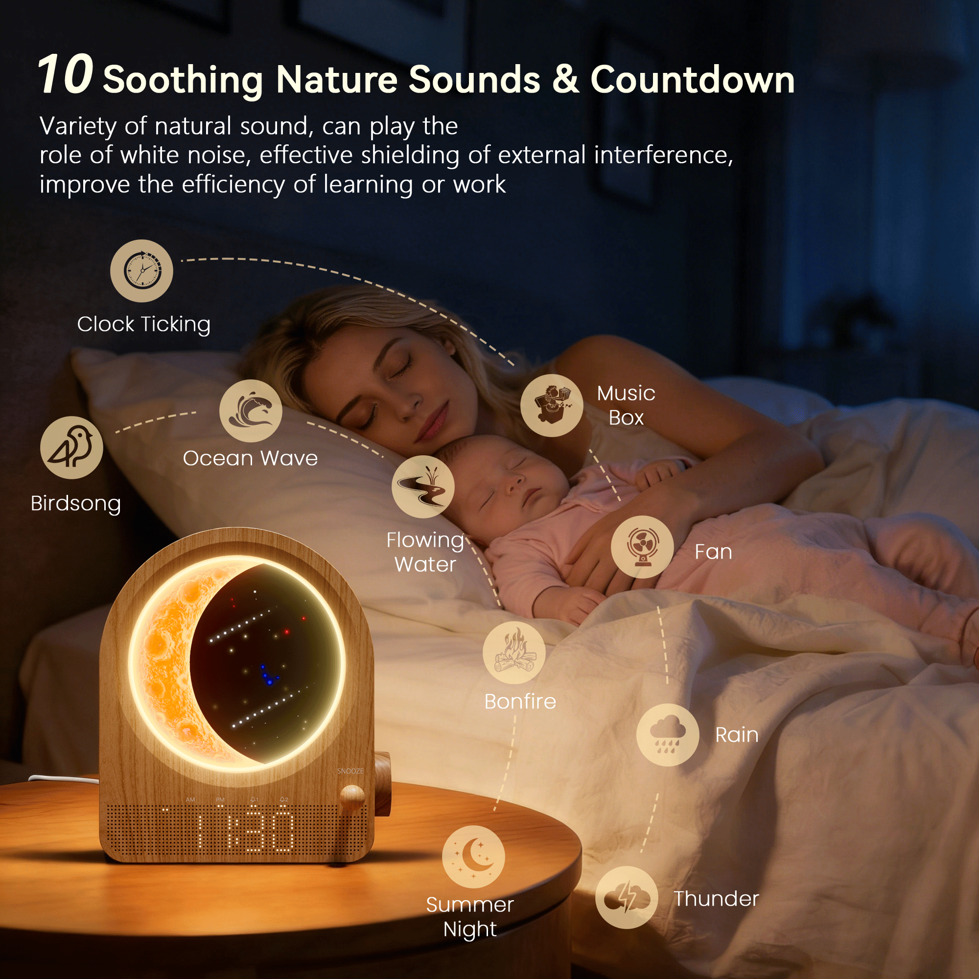 Sunrise Alarm Clock & Moon Lamp, Bedside Lamp with Light Alarm Clock, Daylight Alarm Clock, Night Light with 3 Brightness Levels, 10 Natural Sounds, Ideal for Bedroom
