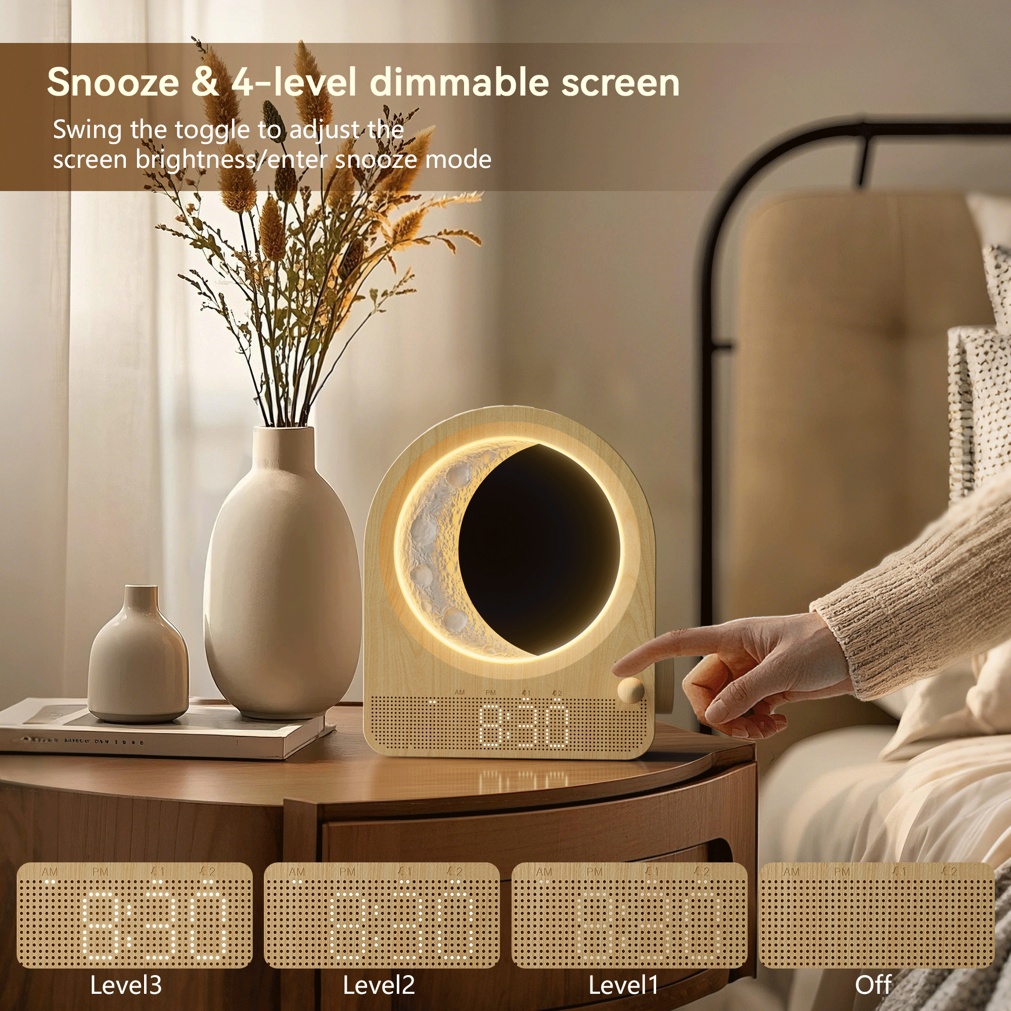 blonbar Sunrise Alarm Clocks for Bedrooms, Stepless Dimmable Moon Lamp Dual Alarm Clock Wake Up Light with 12Levels Volume for Heavy Sleepers, 10 Natural Sounds with 30/60/90min Timer Night Light
