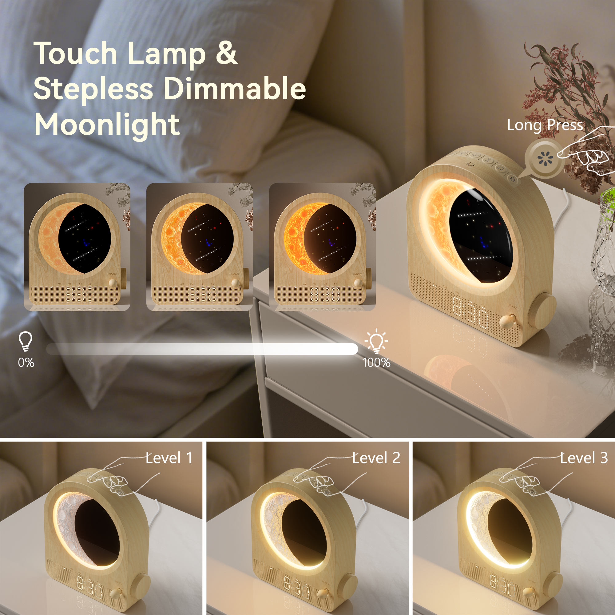 blonbar Sunrise Alarm Clocks for Bedrooms, Stepless Dimmable Moon Lamp Dual Alarm Clock Wake Up Light with 12Levels Volume for Heavy Sleepers, 10 Natural Sounds with 30/60/90min Timer Night Light