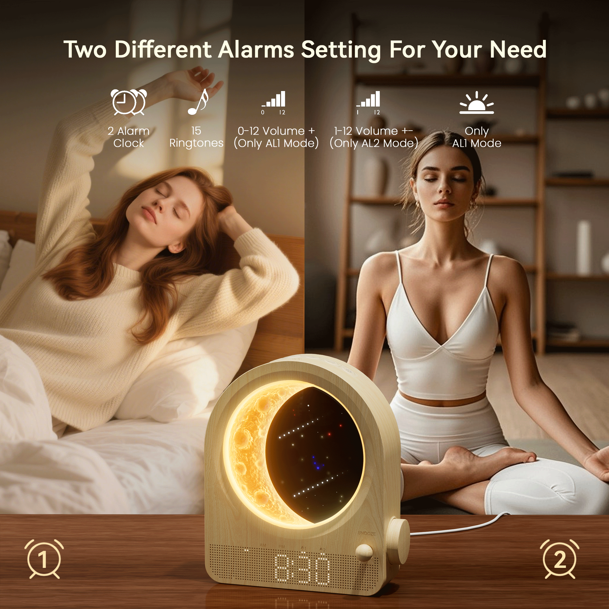 blonbar Sunrise Alarm Clocks for Bedrooms, Stepless Dimmable Moon Lamp Dual Alarm Clock Wake Up Light with 12Levels Volume for Heavy Sleepers, 10 Natural Sounds with 30/60/90min Timer Night Light