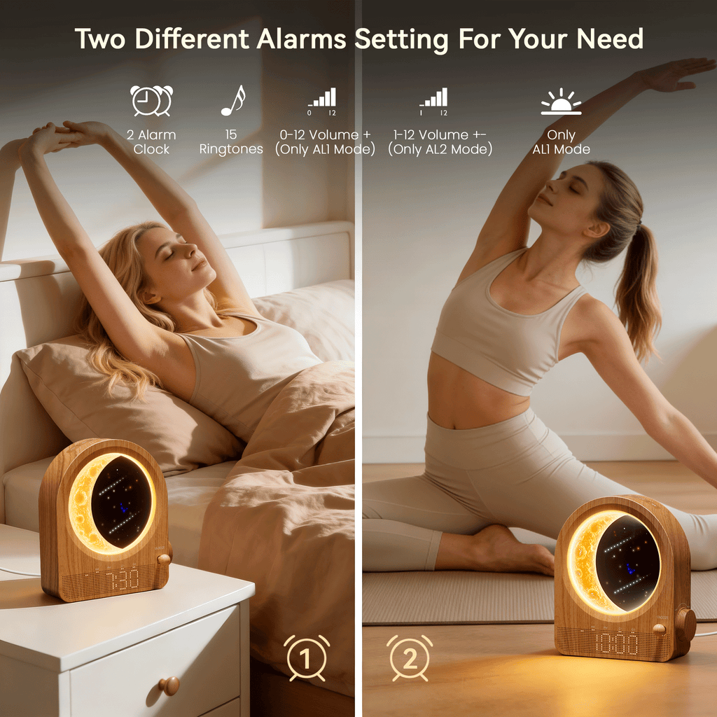 Sunrise Alarm Clock & Moon Lamp, Bedside Lamp with Light Alarm Clock, Daylight Alarm Clock, Night Light with 3 Brightness Levels, 10 Natural Sounds, Ideal for Bedroom