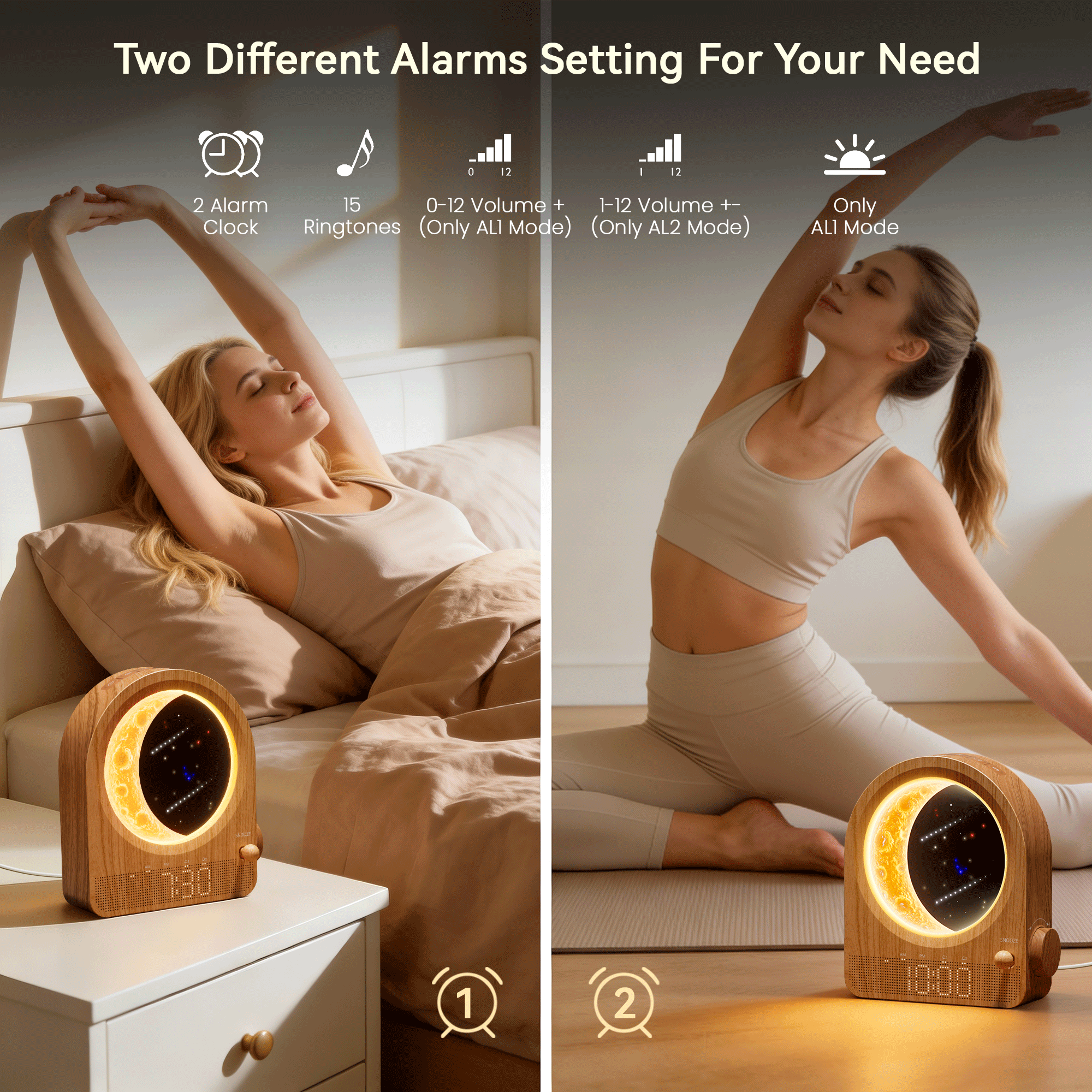 Sunrise Alarm Clock & Moon Lamp, Bedside Lamp with Light Alarm Clock, Daylight Alarm Clock, Night Light with 3 Brightness Levels, 10 Natural Sounds, Ideal for Bedroom