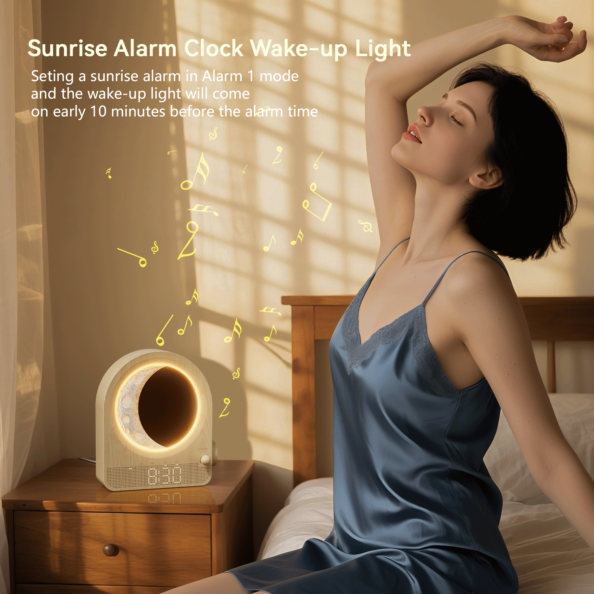 blonbar Sunrise Alarm Clocks for Bedrooms, Stepless Dimmable Moon Lamp Dual Alarm Clock Wake Up Light with 12Levels Volume for Heavy Sleepers, 10 Natural Sounds with 30/60/90min Timer Night Light