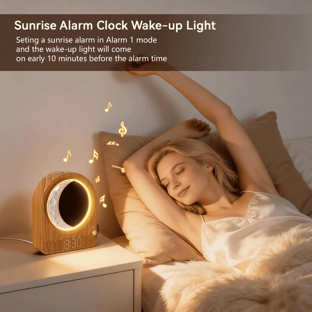 Sunrise Alarm Clock & Moon Lamp, Bedside Lamp with Light Alarm Clock, Daylight Alarm Clock, Night Light with 3 Brightness Levels, 10 Natural Sounds, Ideal for Bedroom