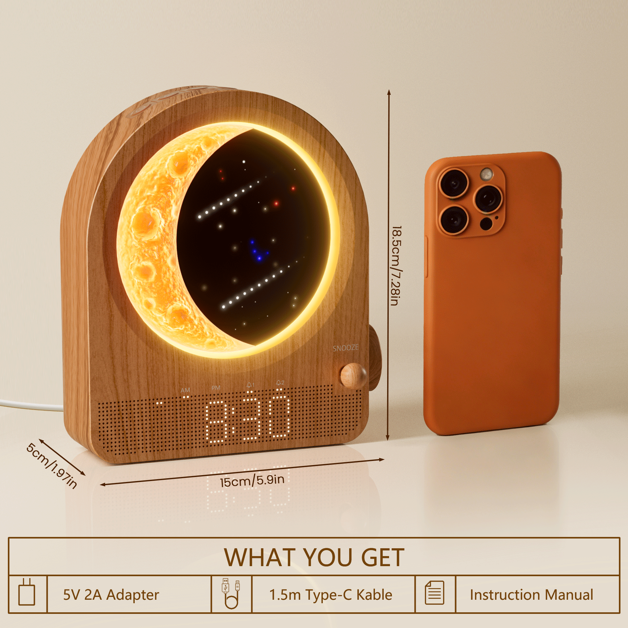 Sunrise Alarm Clock & Moon Lamp, Bedside Lamp with Light Alarm Clock, Daylight Alarm Clock, Night Light with 3 Brightness Levels, 10 Natural Sounds, Ideal for Bedroom